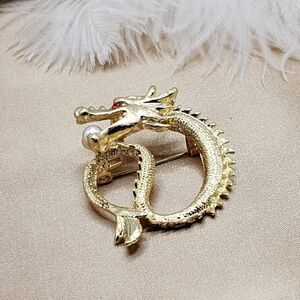 Brand New Gold Pearl Dragon Brooch Pin